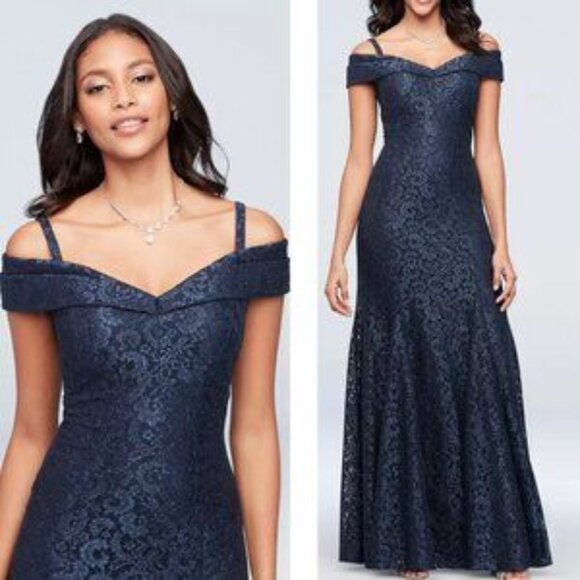 R & M RICHARDS‎ Womens Sz 6 PETITE Off-The-Shoulder Shimmer Lace Gown Navy Blue - Picture 1 of 13